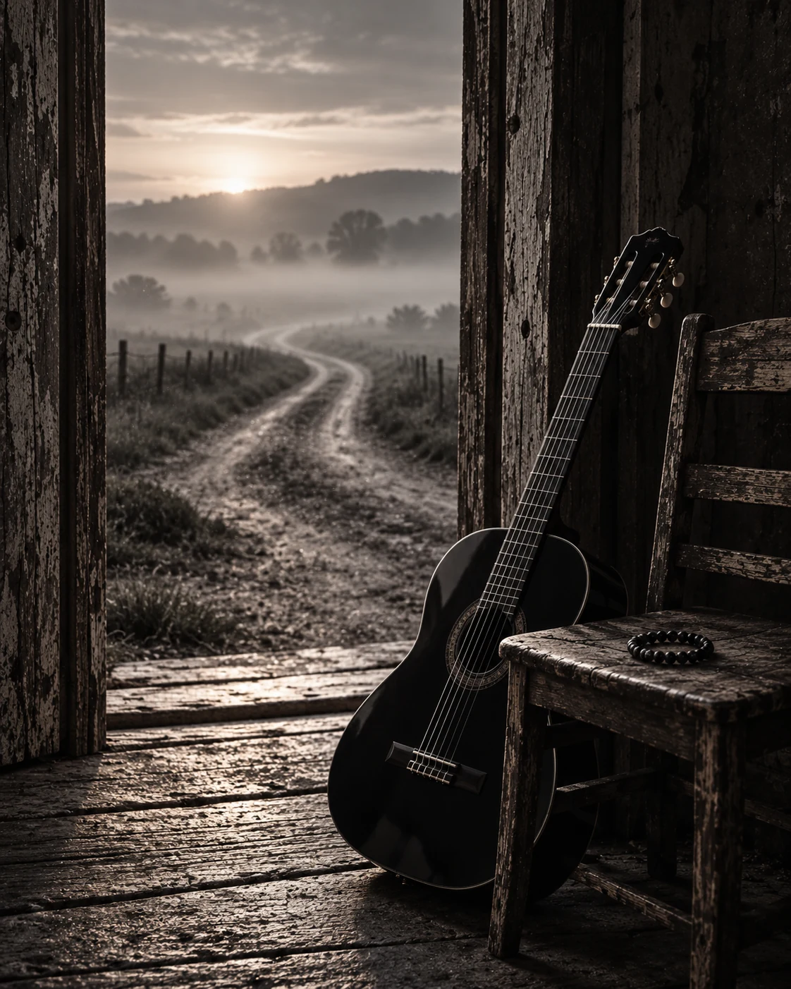 an empty chair and black guitar beside a doorway opening onto a misty road