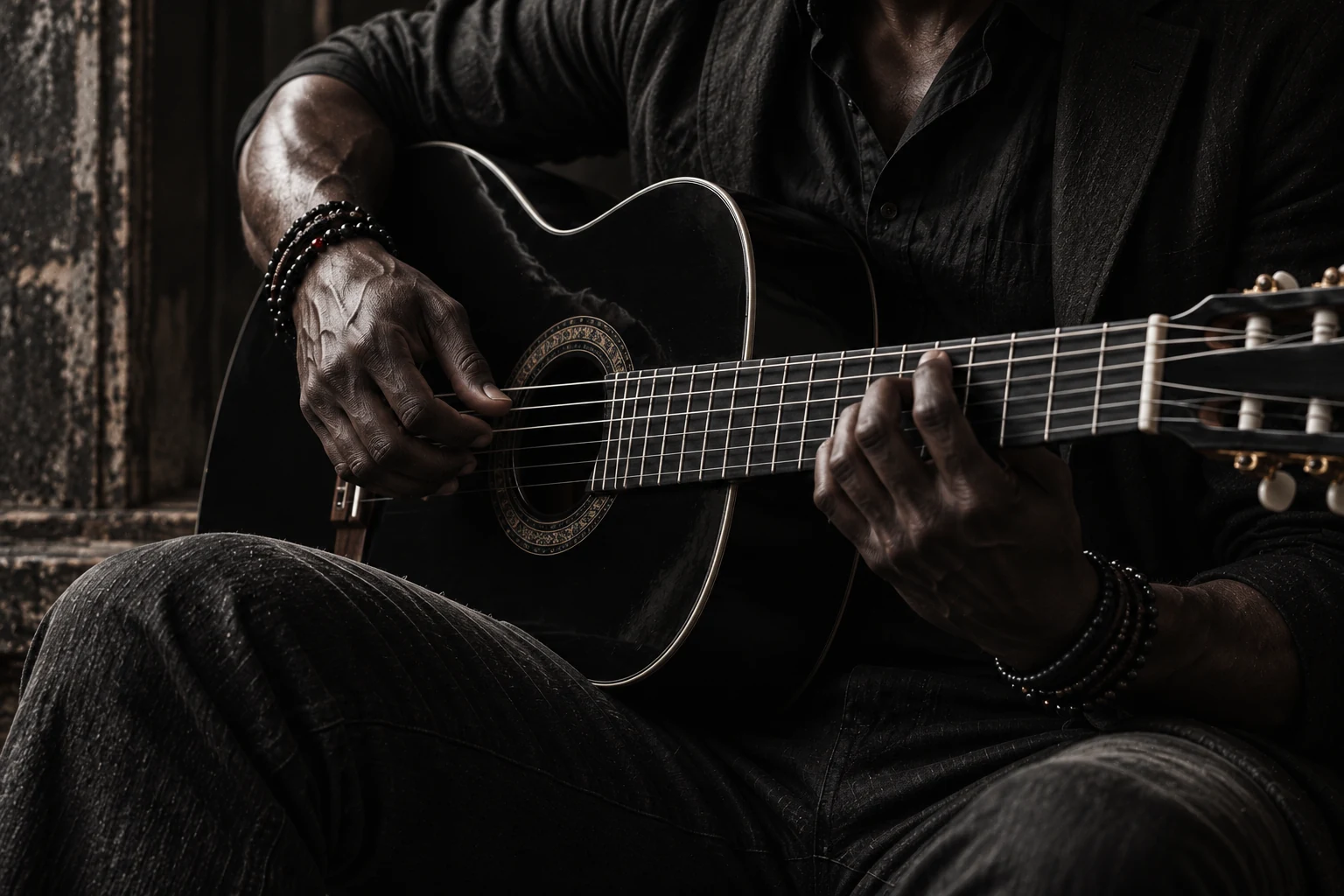 black classical guitar and hands wearing black beads and leather bands